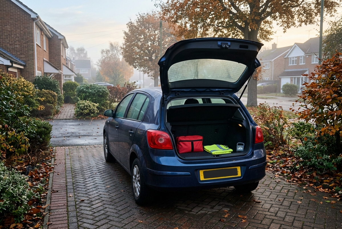 Generic unbranded family hatchback with an open boot on a misty British suburban driveway at autumn dawn, showing a red roadside emergency pouch, high-visibility vest and compact torch