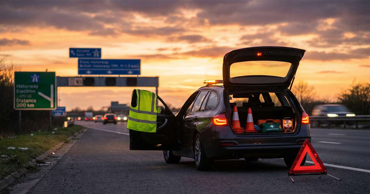 UK road safety emergency equipment - car broken down on motorway with safety equipment