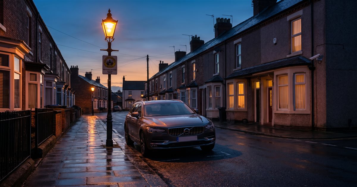 Evening car security - UK road at twilight