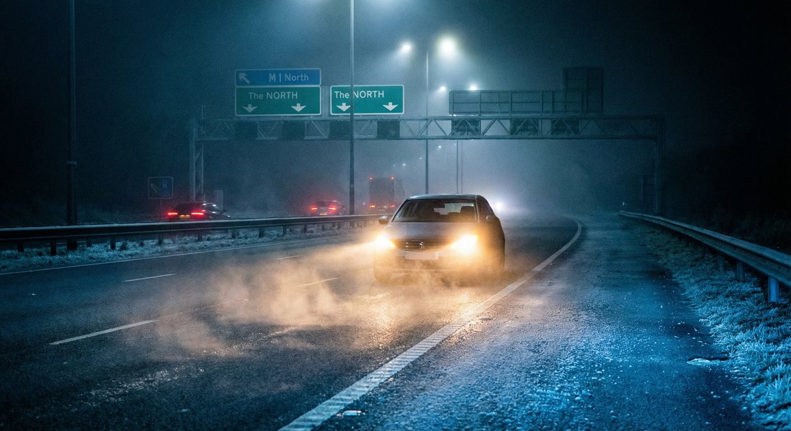 Car driving on frosty UK road at night with headlights cutting through mist