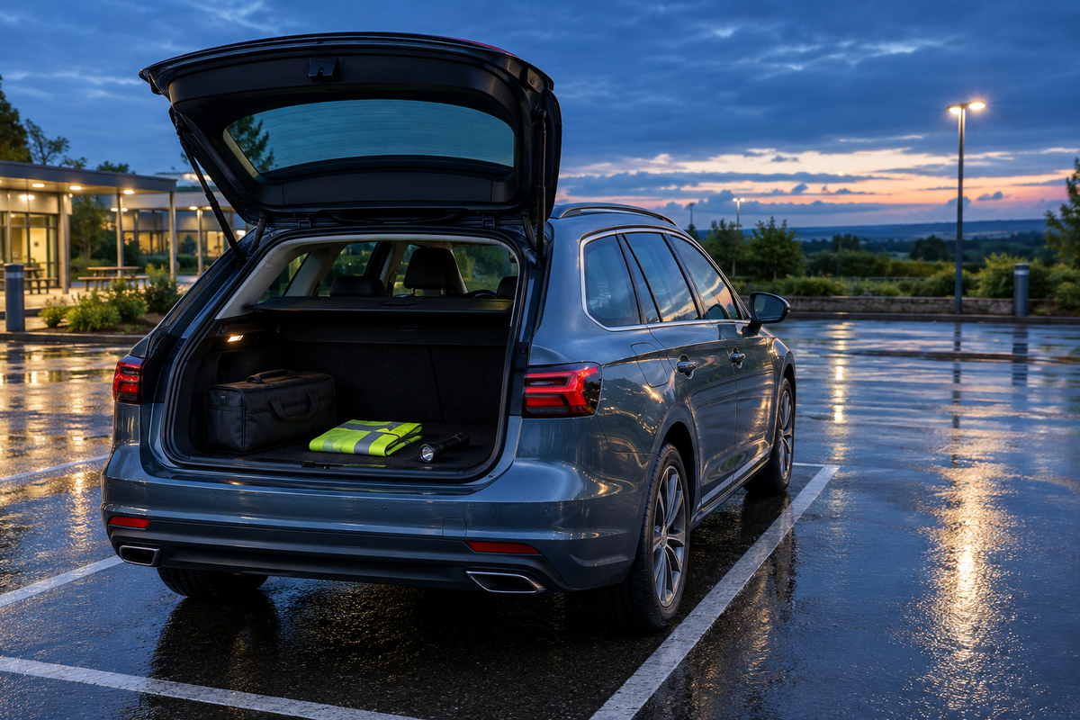 Unbranded family estate car with a roadside kit at a wet UK service area at blue hour