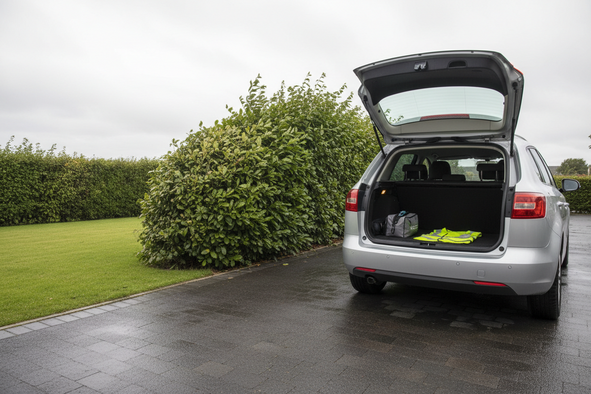 Unbranded family car parked safely on a wet British driveway with a roadside kit and high-visibility vest in the open boot