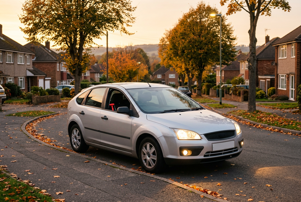 Generic unbranded right-hand-drive family hatchback with dipped headlights on a British suburban road at autumn golden hour, with a red emergency window breaker secured inside the driver door pocket