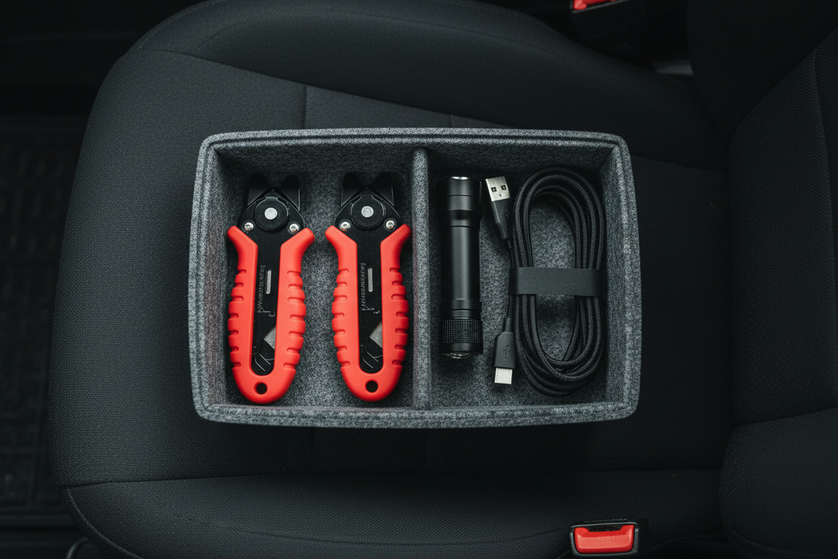 Two red and black car escape tools stored in a clean console organiser with a torch and charging cable