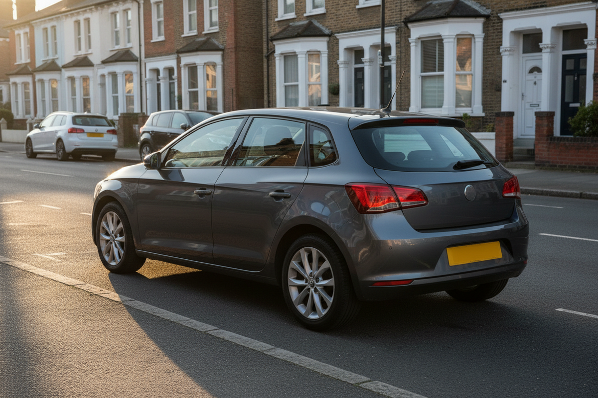 Unbranded family car parked on a British urban street during a calm Thursday evening drive-home check