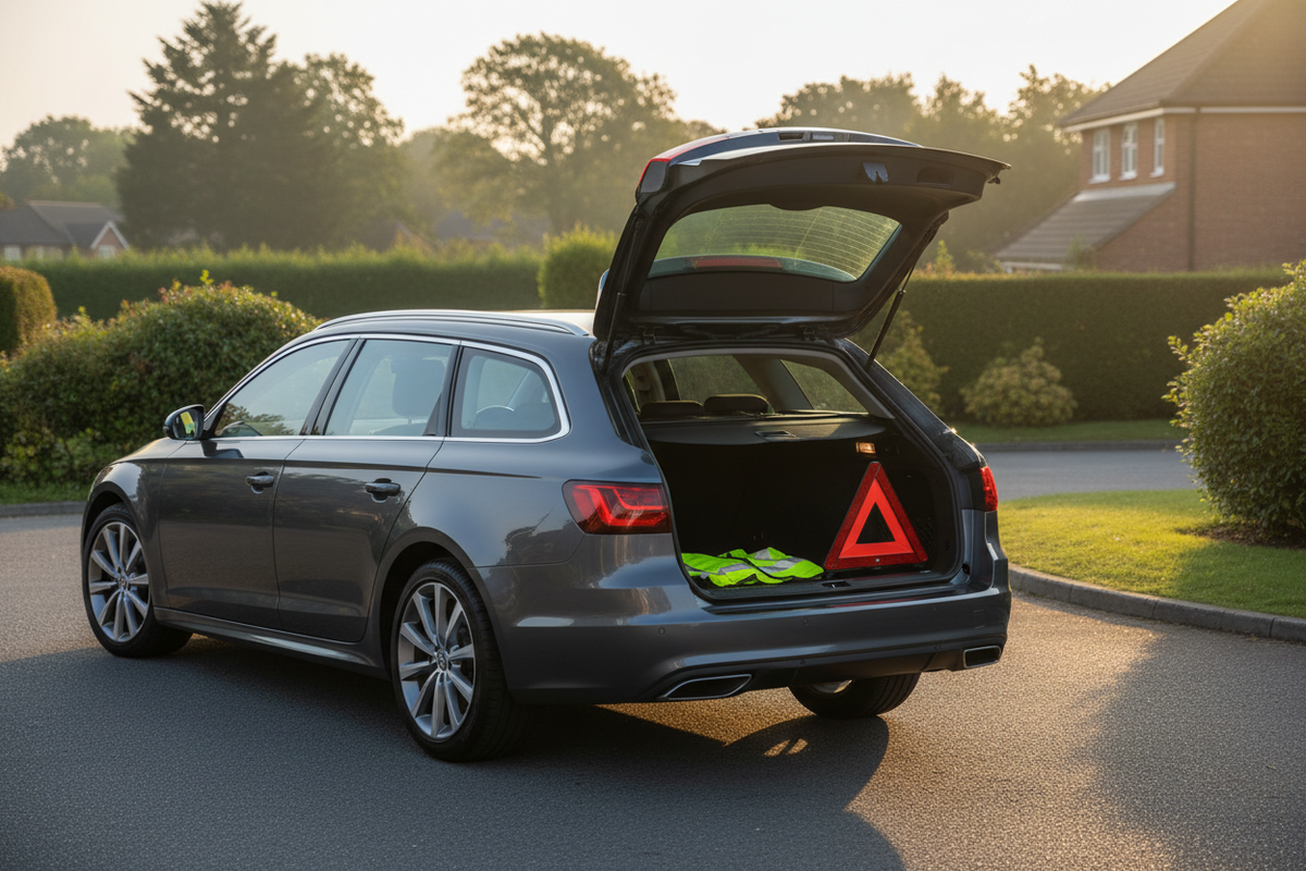 Monday morning car safety check with roadside equipment secured in the boot