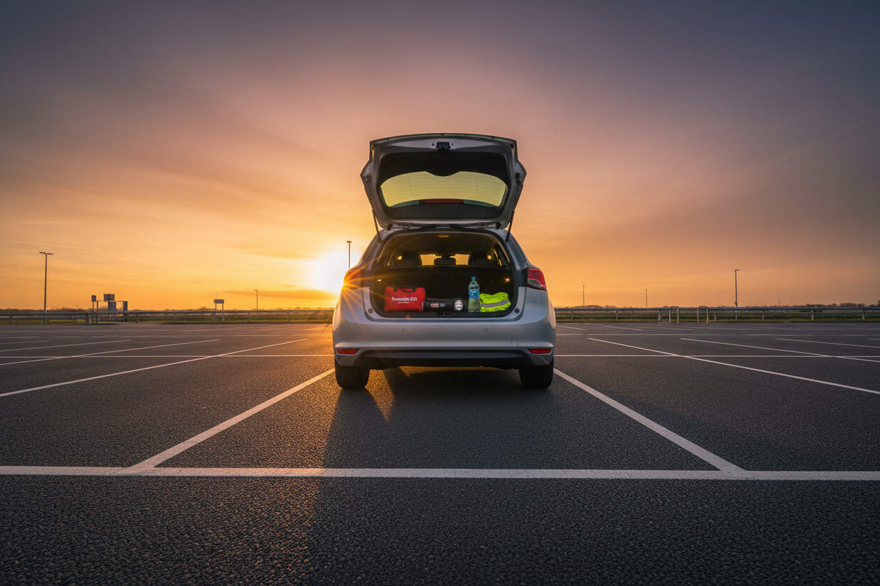 Warm evening UK roadside preparation scene with an organised family car boot and compact breakdown kit