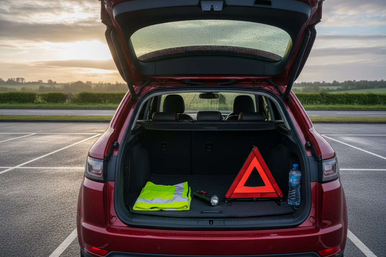 A red family car parked safely after a shower with an organised roadside safety kit in the open boot