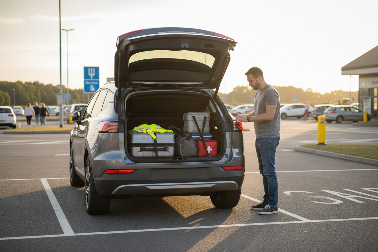 Adult checking securely packed weekend luggage in the open boot of a family car at a UK service area