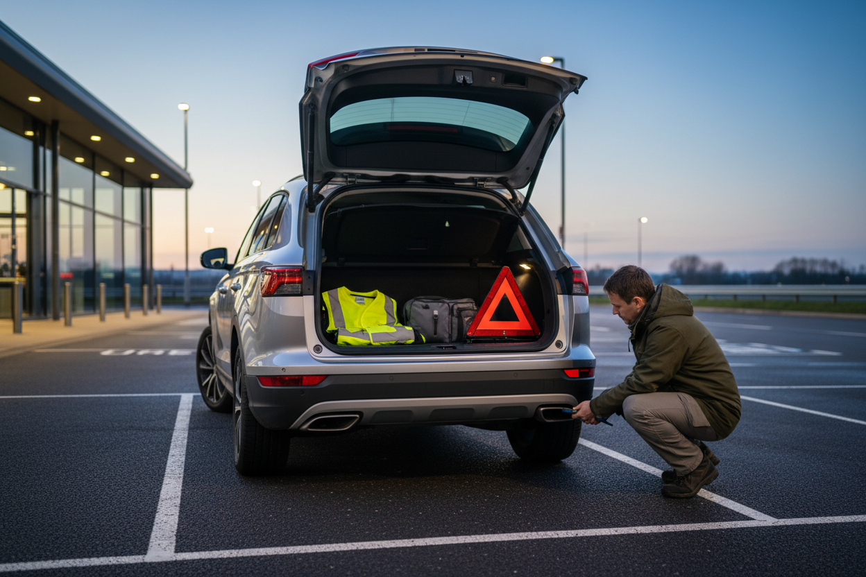 Adult checking a tyre beside a safely parked family car with a roadside kit in the boot at a UK service area