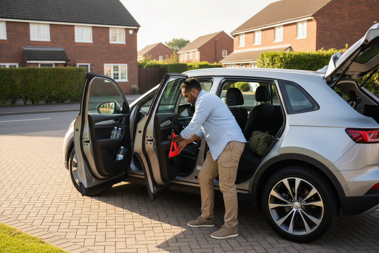 Adult preparing a family car on a UK driveway with secured safety tools, water and sunglasses before a sunny Sunday journey