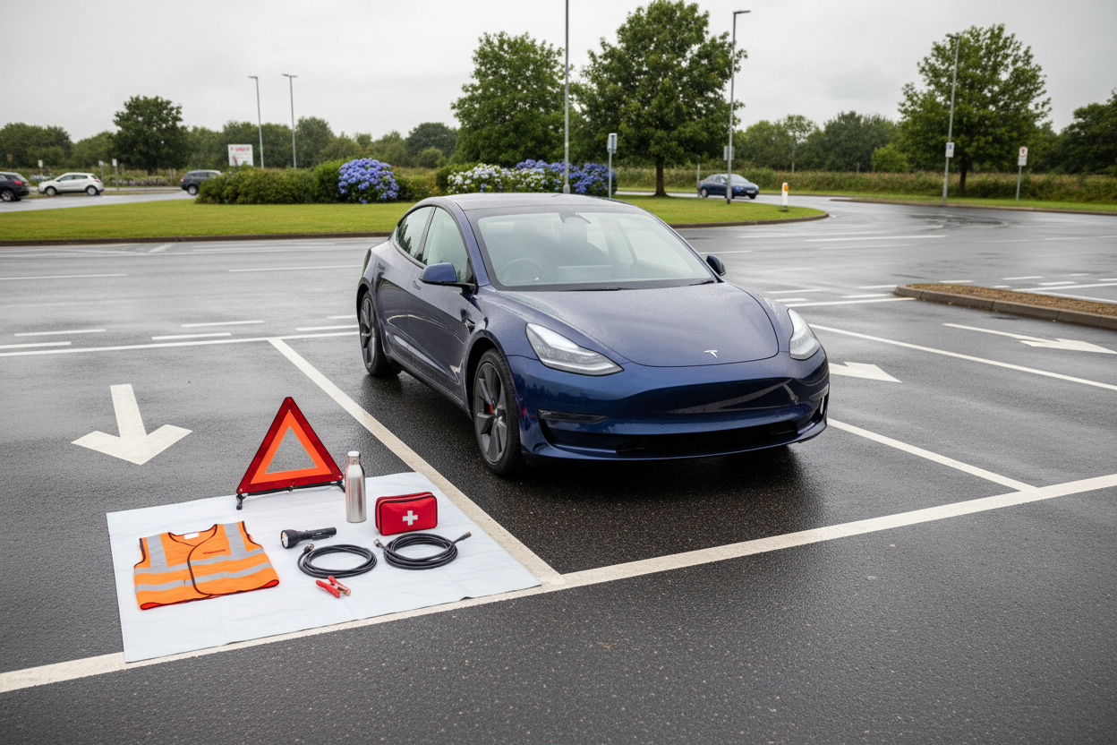 UK driver checks a car and roadside emergency kit before a mixed-weather journey