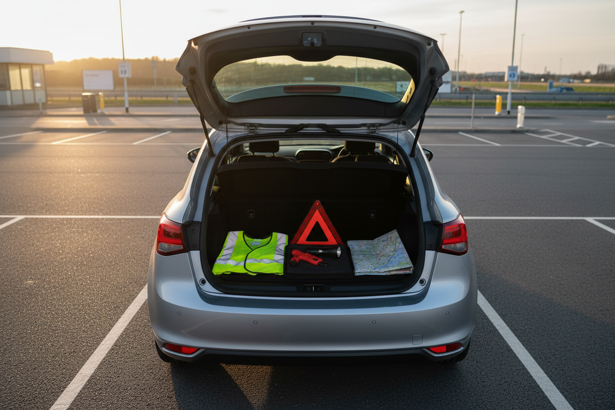 Unbranded family car at a UK service area with an organised roadside kit in the open boot