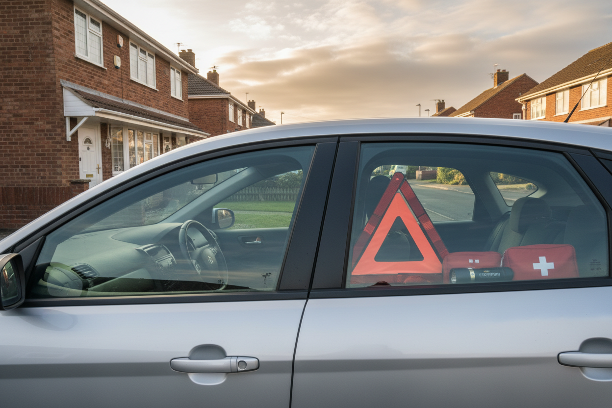 UK Friday morning car check with emergency kit before wetter and windier weather