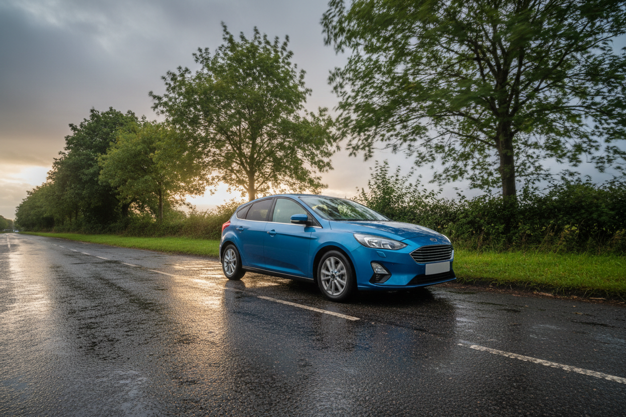 UK family car parked safely at a roadside lay-by after rain for a Saturday evening drive-home safety check