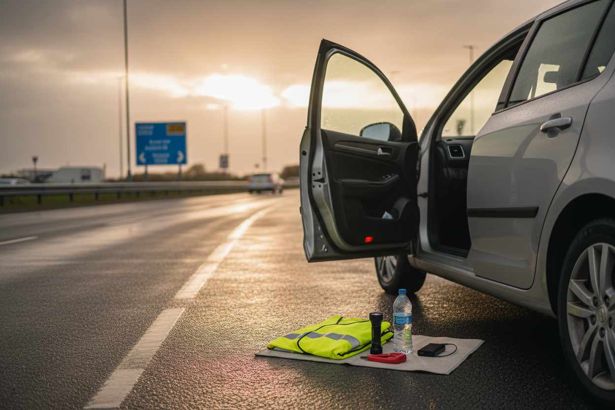 UK evening drive-home safety kit beside a parked car after showers