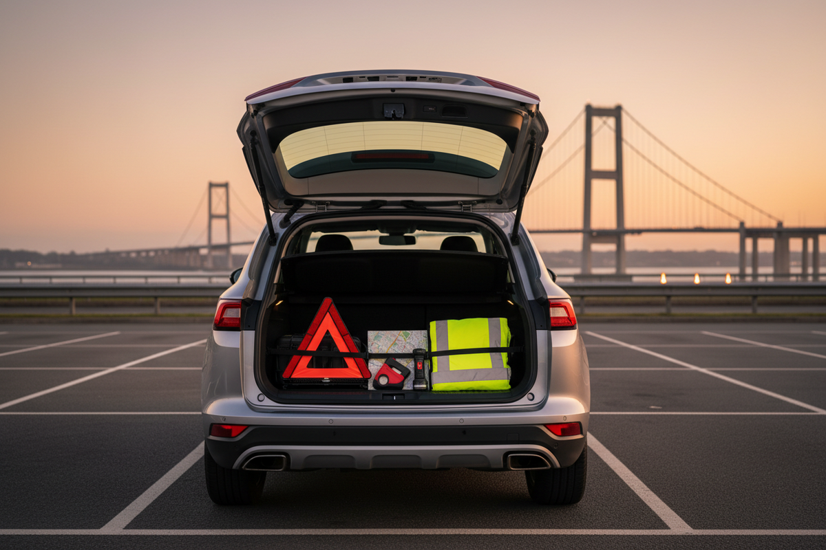 Unbranded family car with a secured roadside kit at a UK service area near a suspension bridge at dusk