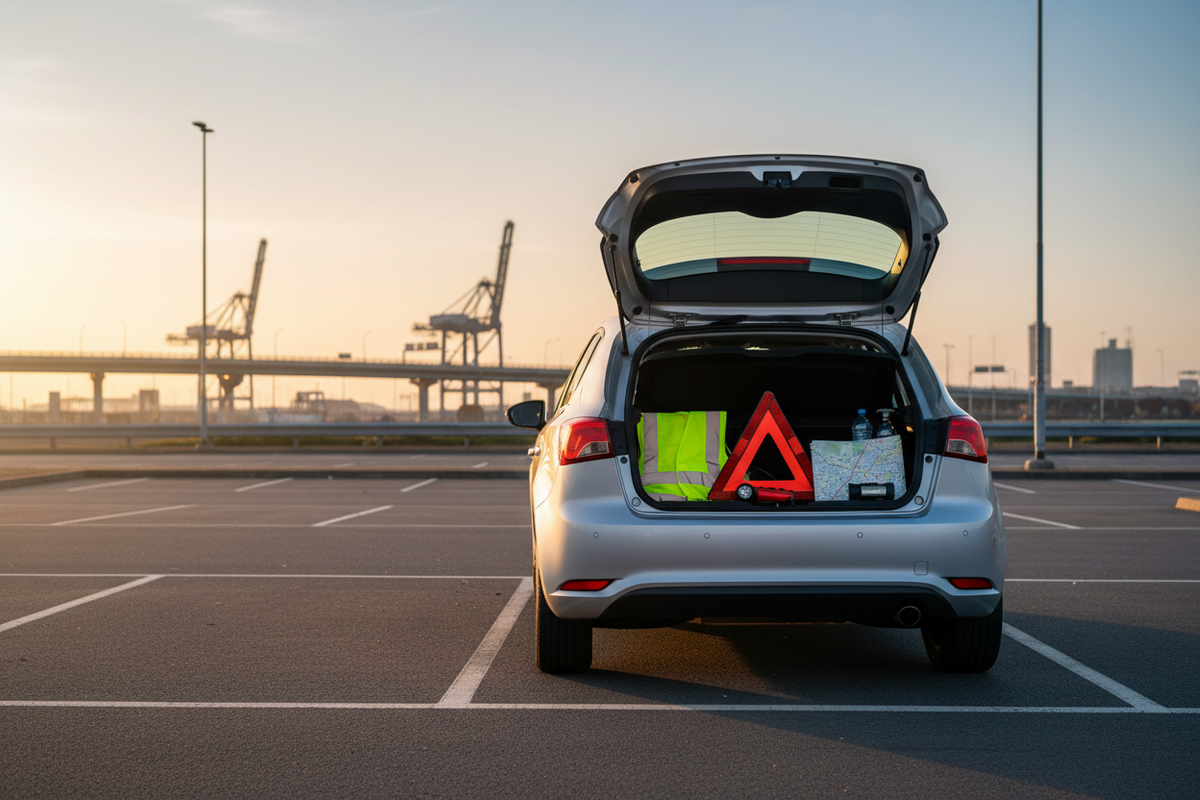 Unbranded family car parked safely near Tilbury at dusk with a roadside safety kit secured in the open boot