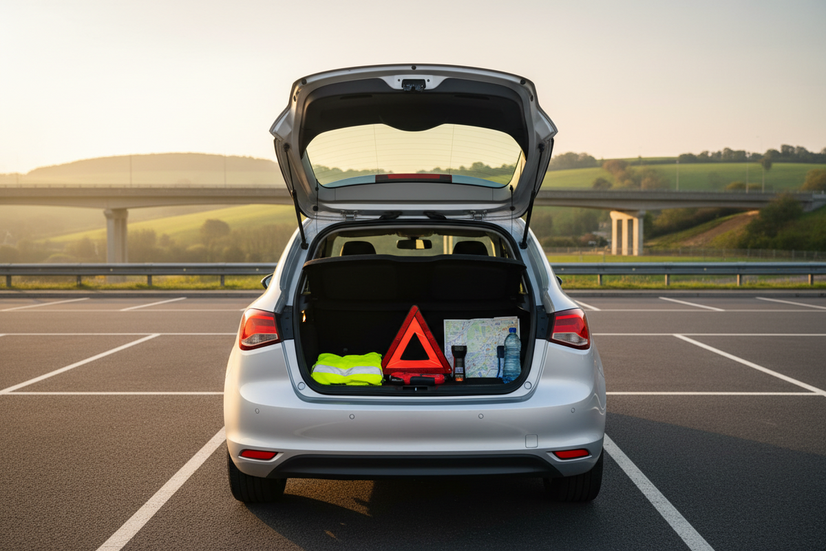 Unbranded family car with road safety kit prepared for the A27 Fontwell overnight closure