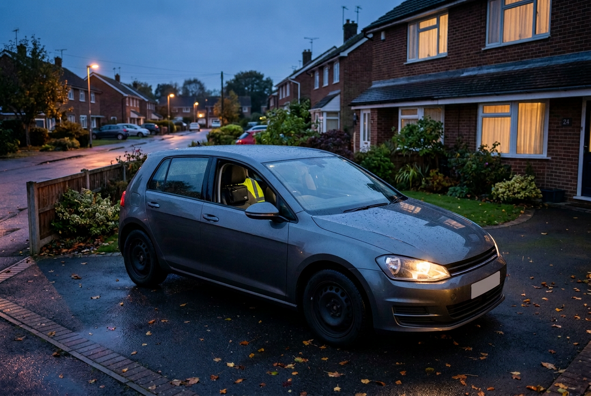 Clean unbranded family car with dipped headlights on a damp British driveway at blue hour, with a high-visibility vest secured inside