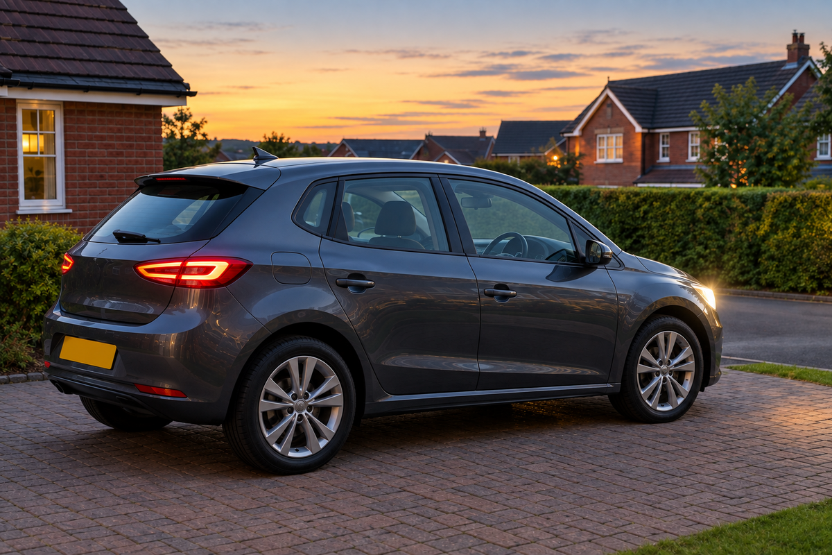 Unbranded family car with lights on during a dry early evening on a British driveway