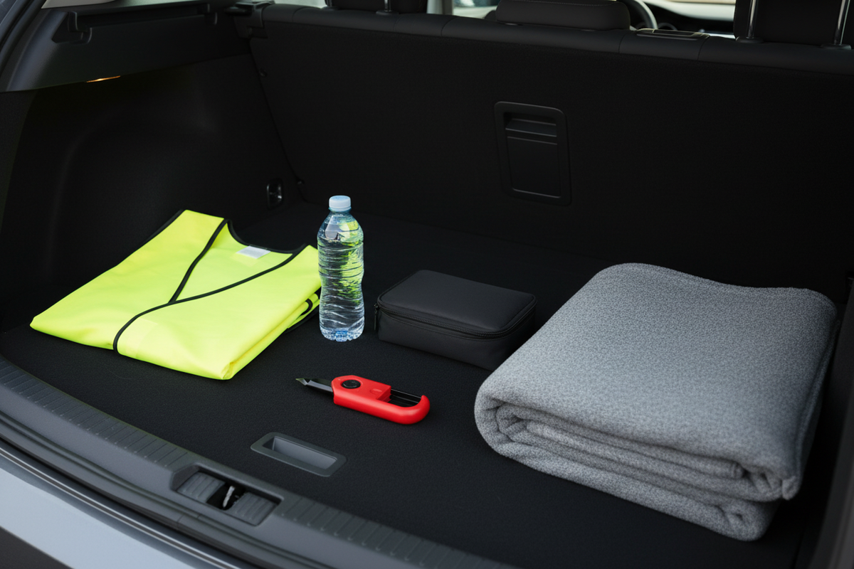 Plain car boot with high-visibility vest, water, roadside pouch, blanket and red emergency escape tool