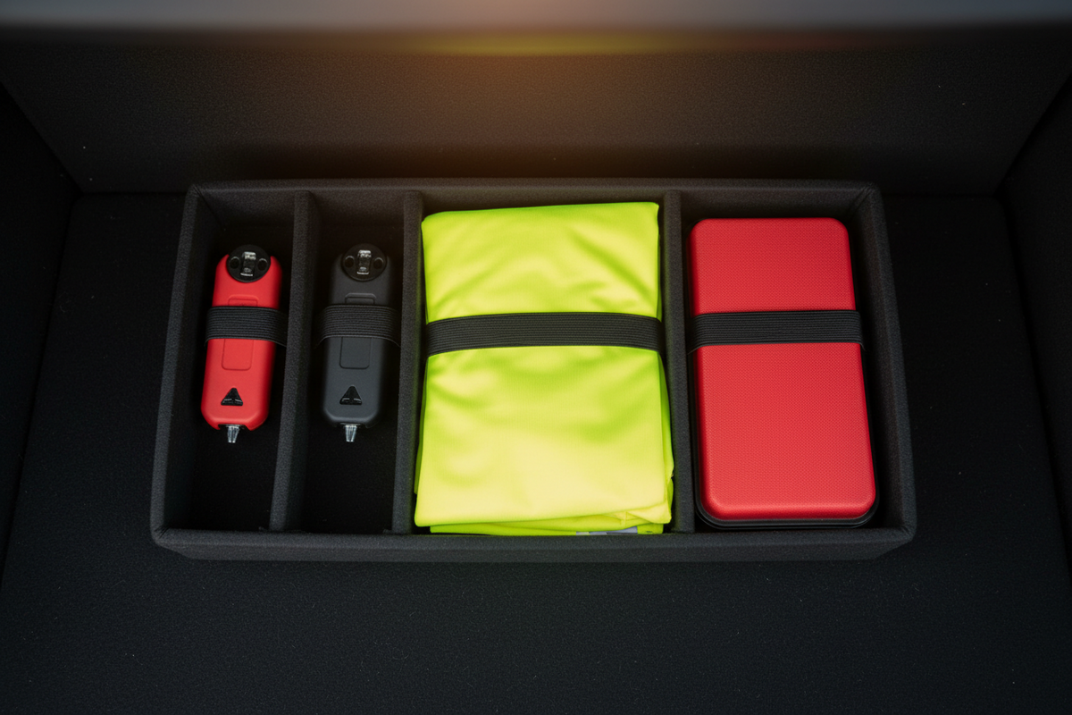 Car boot organiser with two escape tools, high-visibility vest and warning triangle case