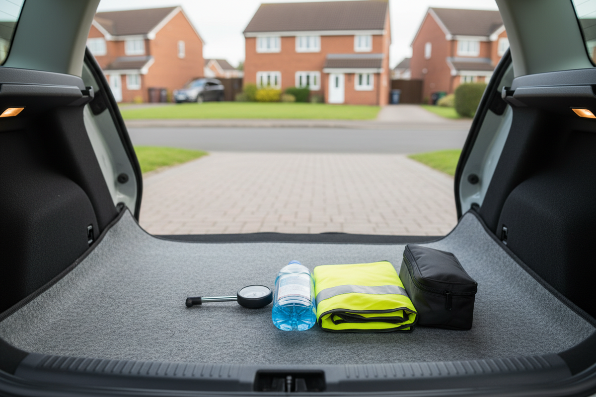 Open unbranded car boot with tyre-pressure gauge, plain washer-fluid bottle, high-visibility vest and roadside kit on a British driveway