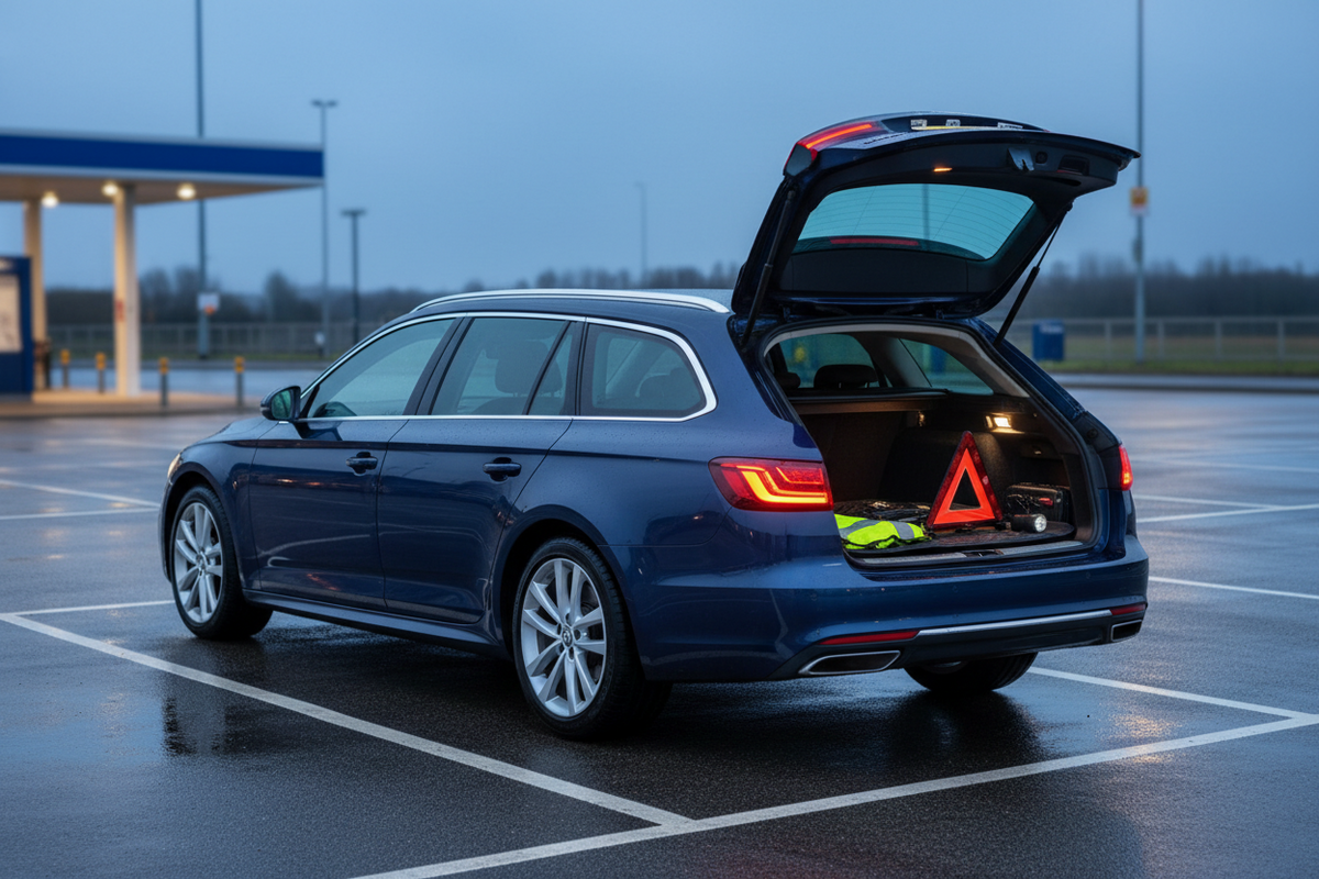 Unbranded family estate at a UK service area at blue hour with a securely stored roadside breakdown kit in the open boot