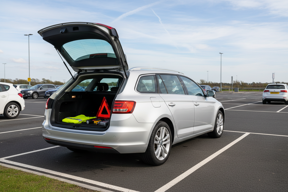 Unbranded family estate parked at a UK motorway service area with a high-visibility vest, warning triangle and roadside kit secured in the open boot