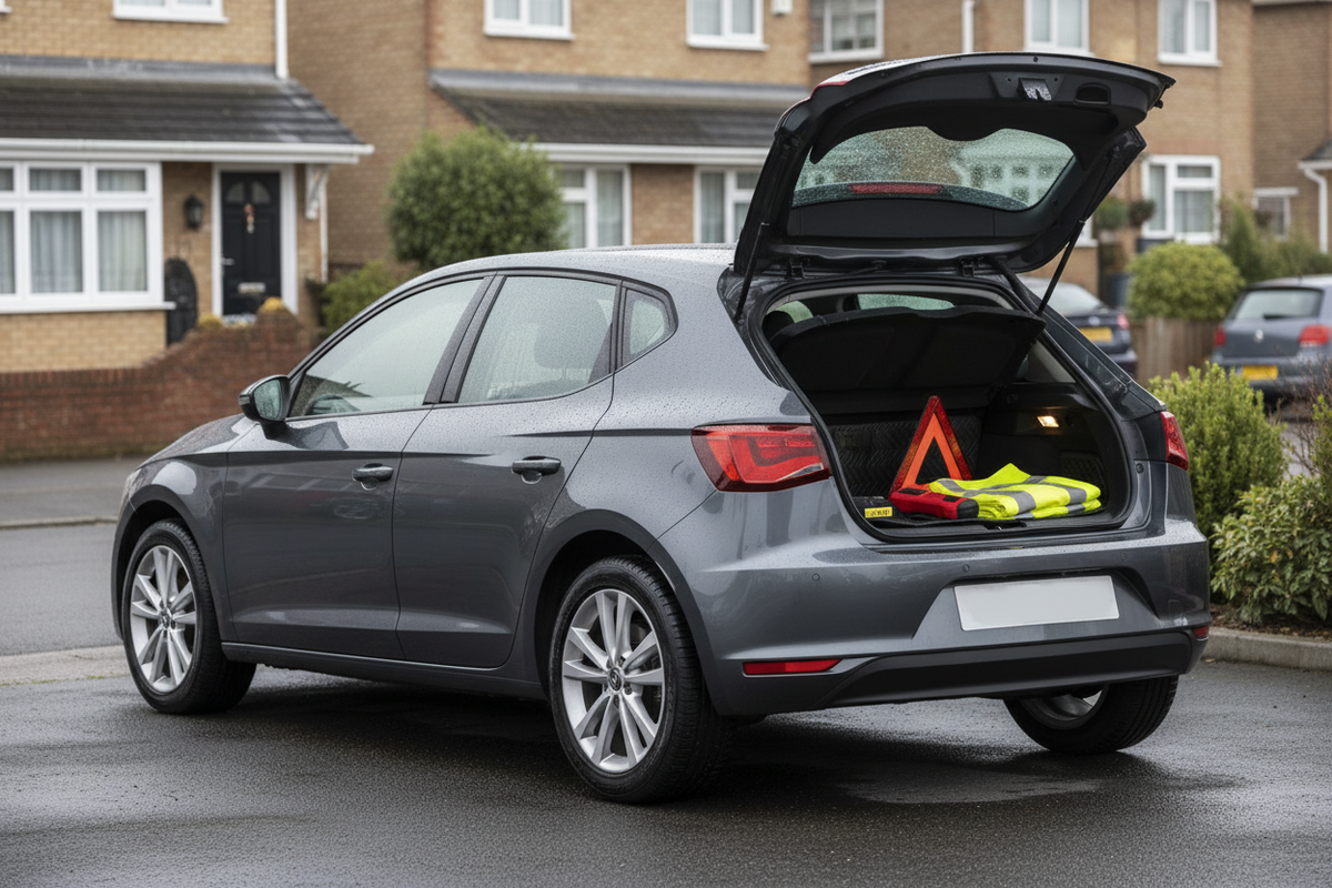 Unbranded family car beside a neatly arranged roadside kit on a damp British driveway on Friday morning