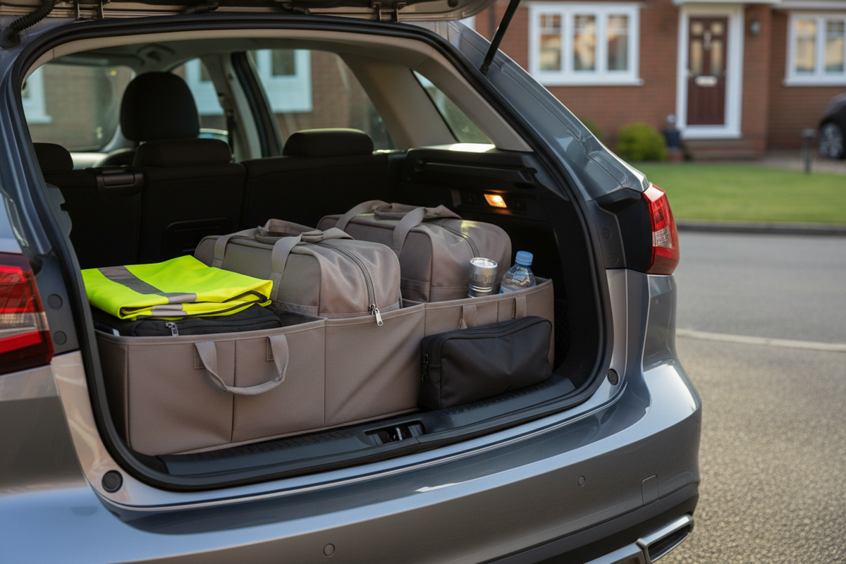 Securely packed family car boot on a British driveway with weekend bags, a high-visibility vest, water and a roadside safety pouch