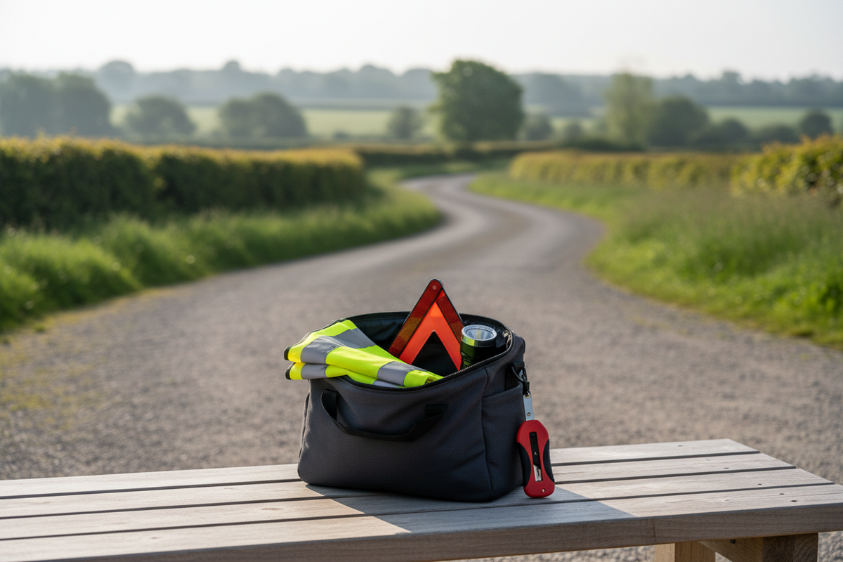 Roadside emergency kit beside a winding British country lane
