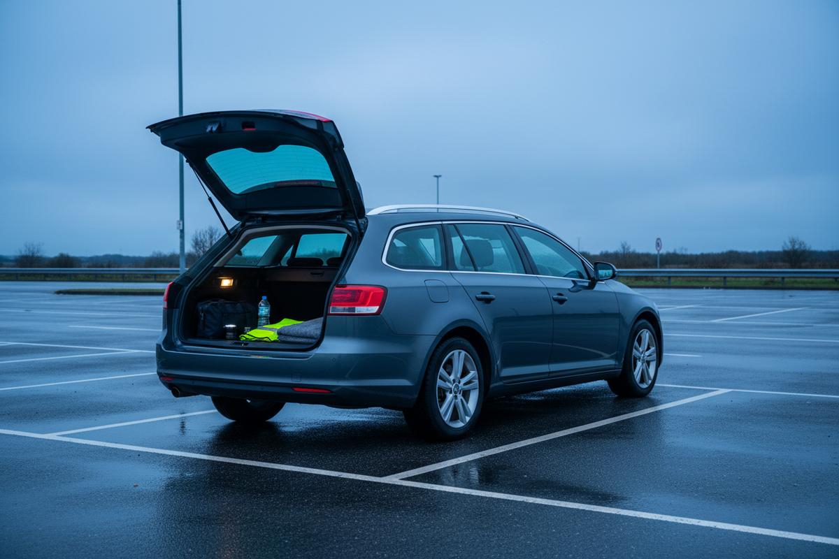 Unbranded family estate car parked at a British motorway service area at blue hour with roadside equipment in the open boot