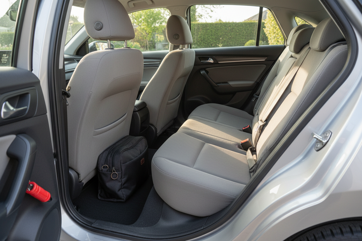 Clean rear passenger area of an unbranded family car with secured luggage and a compact escape tool in the door pocket