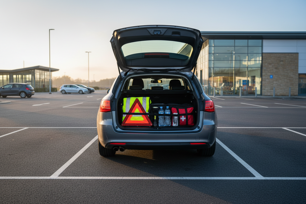 Unbranded family car at a UK motorway service area with water, phone power and roadside safety equipment secured in the open boot