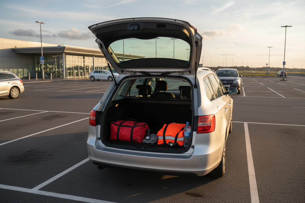 Unbranded family estate car at a UK motorway service area in late afternoon with roadside equipment secured in the open boot