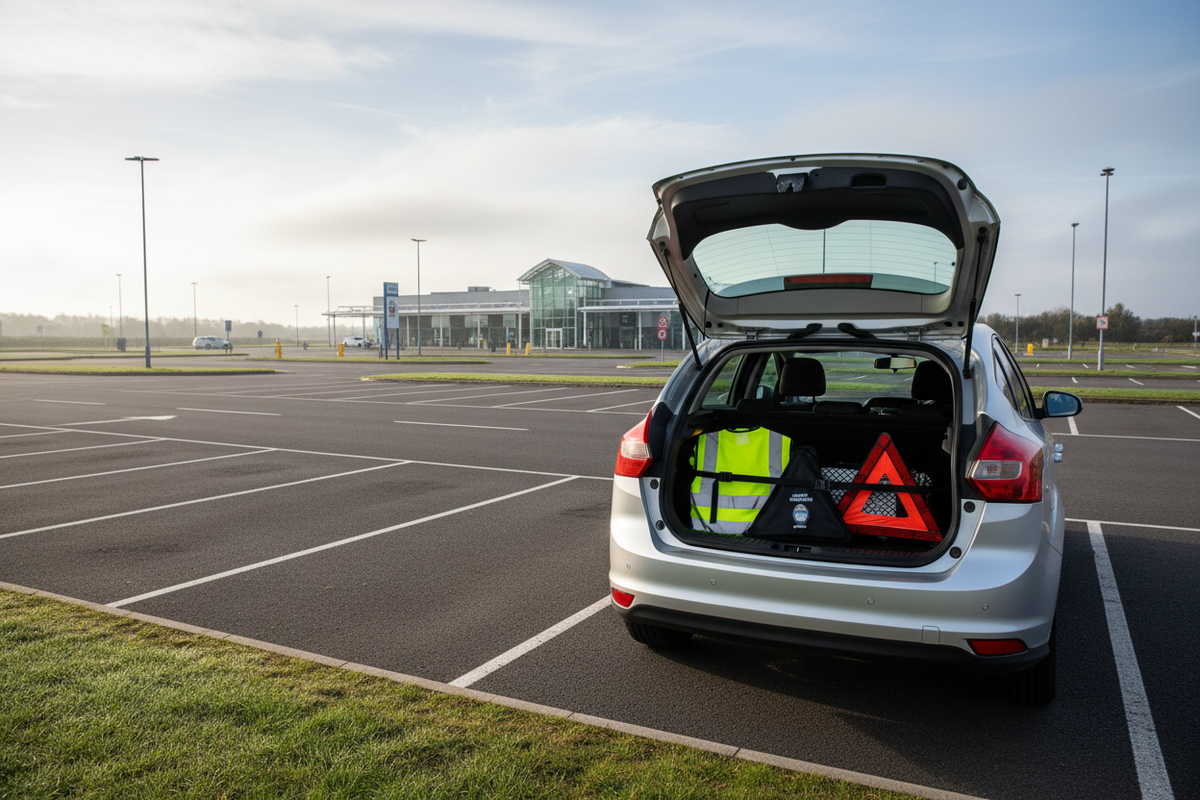 Unbranded family car parked in a UK service area with an organised roadside kit in the open boot