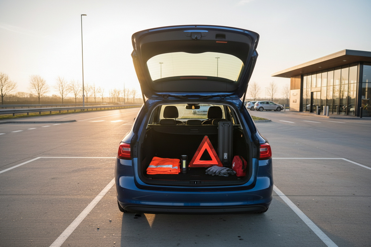 Sunday morning motorway service area with an organised roadside breakdown kit