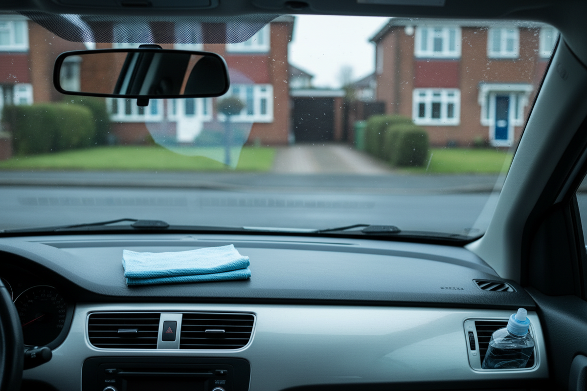 Clear windscreen and simple visibility kit inside an unbranded family car on a damp UK morning