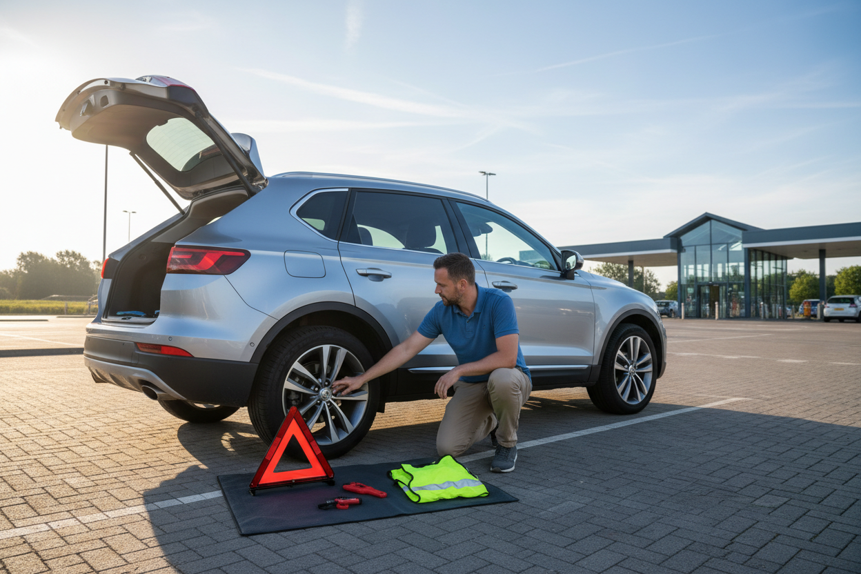 UK summer road-safety pre-journey check beside a family car and roadside breakdown kit