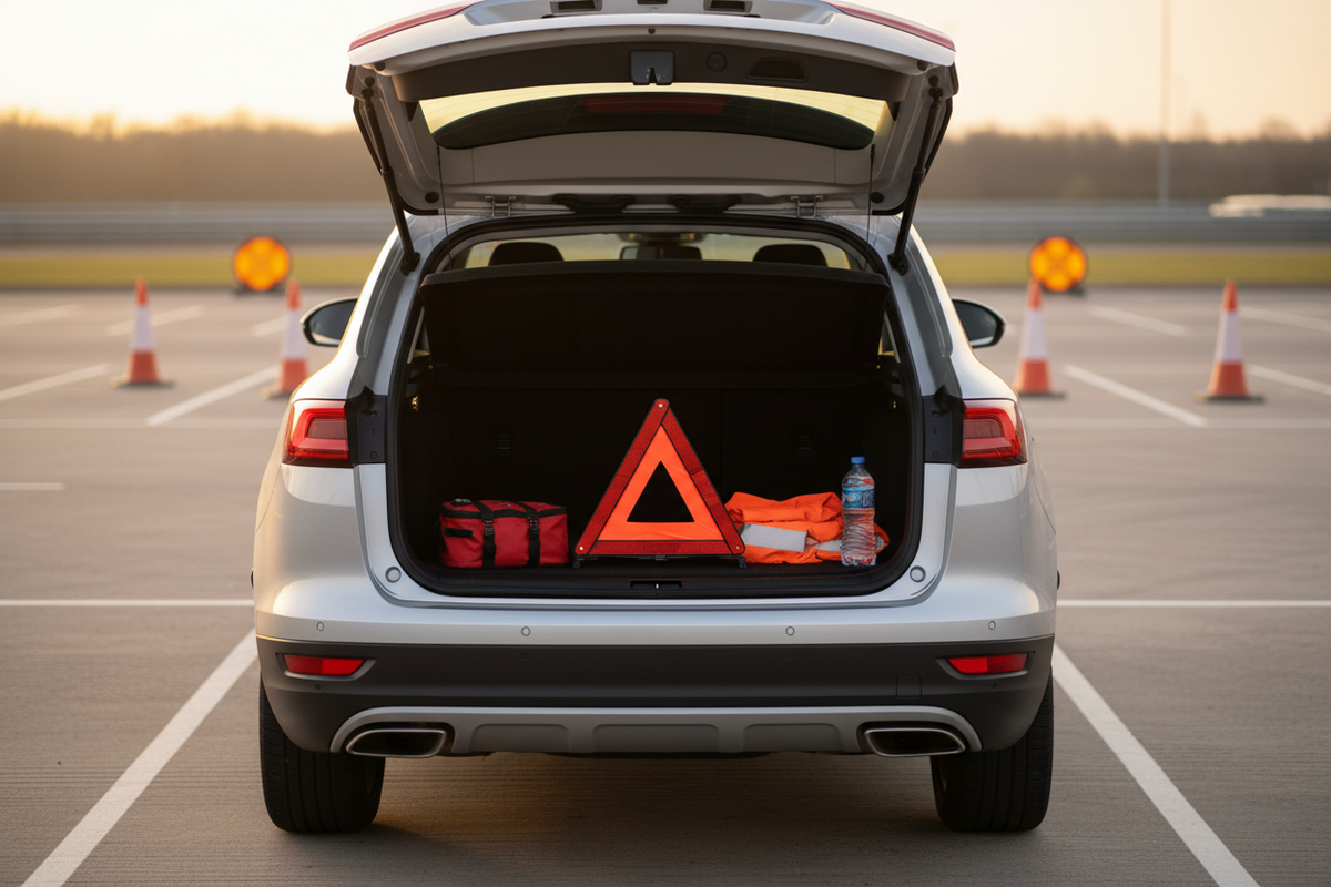 Generic family car parked in a marked UK motorway service-area bay at sunset with an organised roadside kit secured inside the open boot