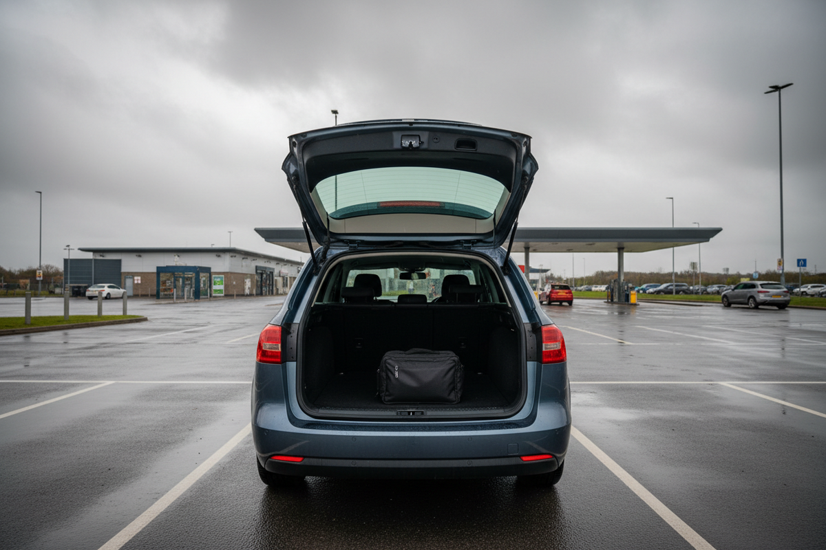 Unbranded family car with a roadside kit in an open boot at a wet UK motorway service area