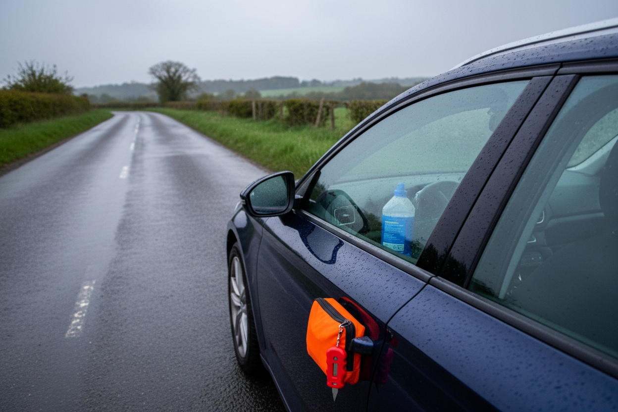 Sunday evening UK drive-home check with light rain on the windscreen and reachable emergency kit items