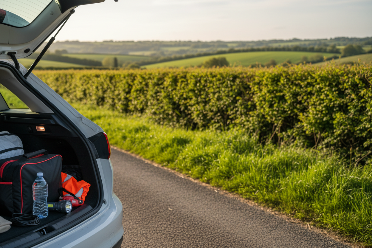 UK car emergency kit with JUFO road safety essentials for a bank holiday journey