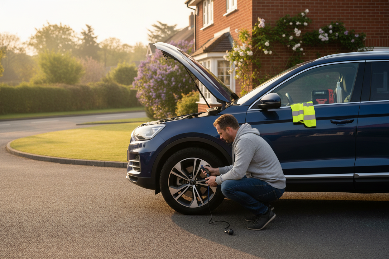 Morning car checks after hot UK weather with an emergency kit inside the cabin