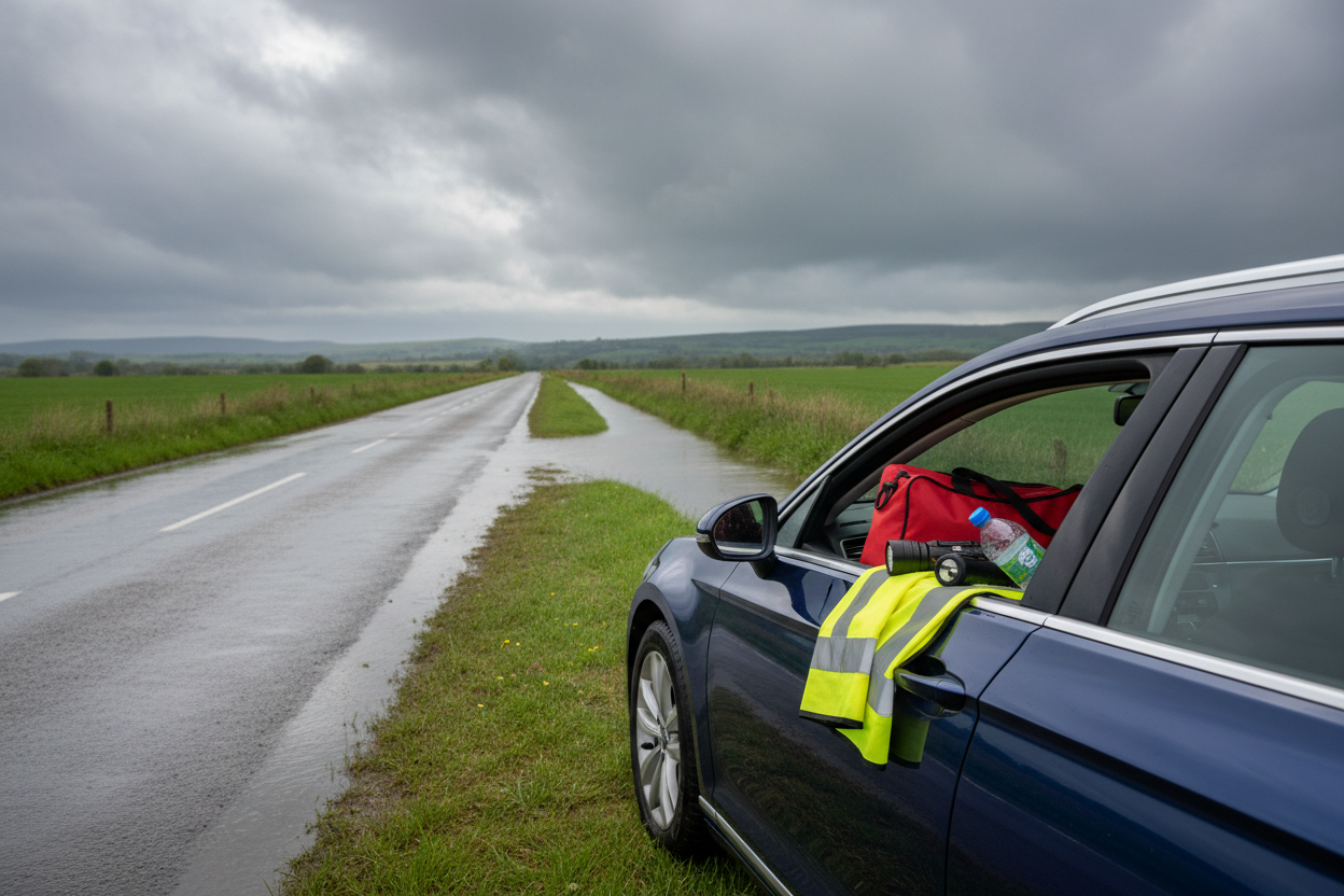 UK family car on a wet road with an emergency kit for sudden flooding safety