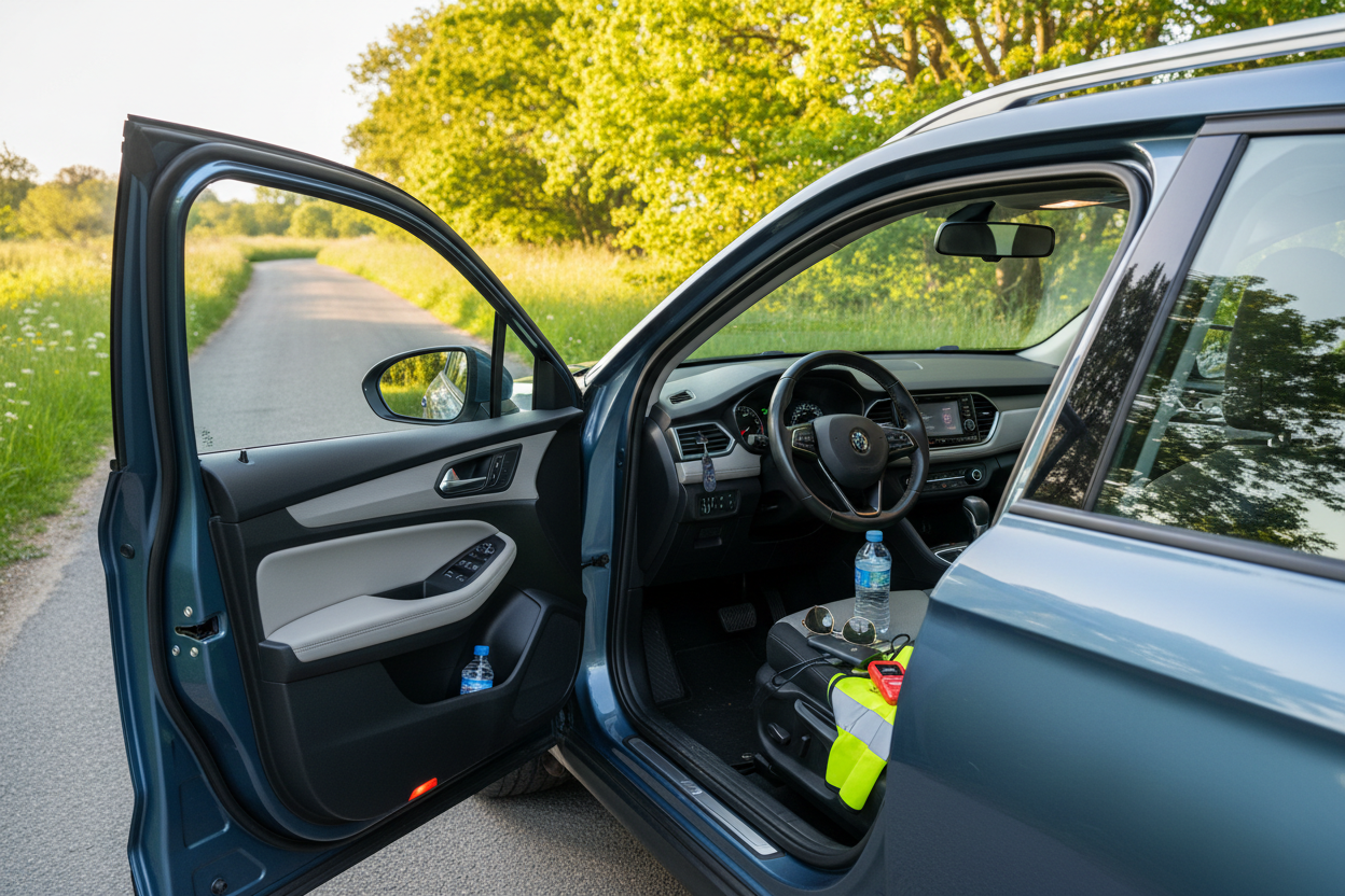 Warm-weather car emergency kit with water, charger, sunglasses and JUFO escape tool kept within reach