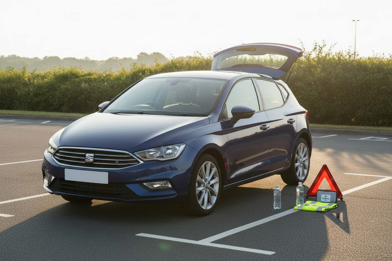 A family car parked safely in warm evening light with a visible roadside safety kit