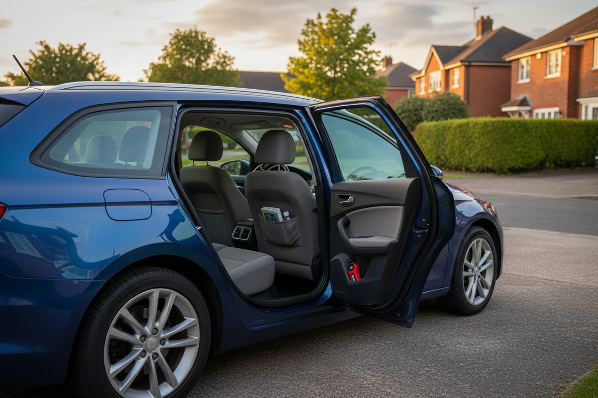 Unbranded family car on a UK suburban driveway with compact emergency escape tools secured inside the open rear door pocket
